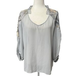 SAINS By Anthropology Boho Gray Sheer Embroidered Sequined Blouse Women’s Size M